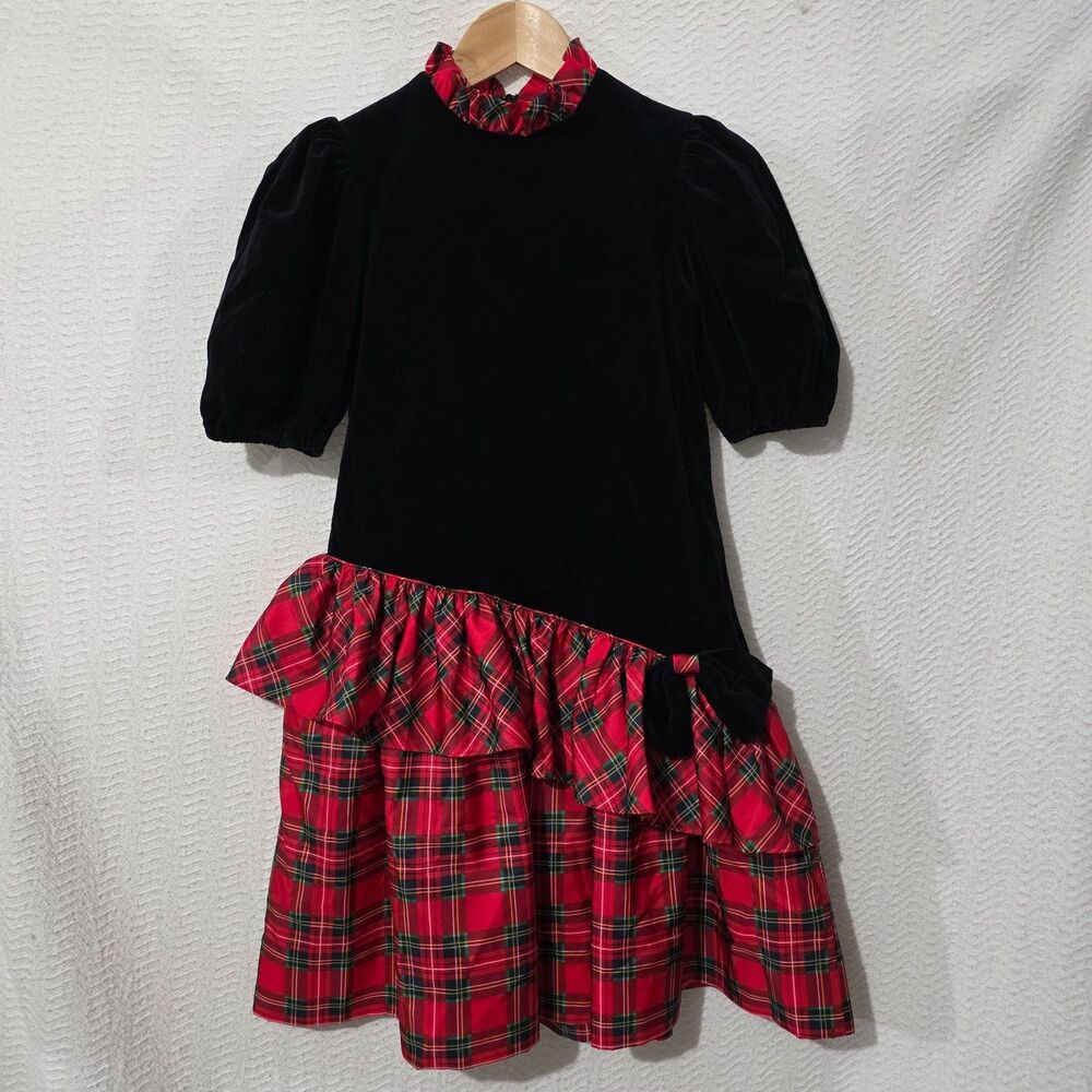 Vtg Ruth of Carolina  Black Velvet Red Plaid Girl Dress Made in USA 10